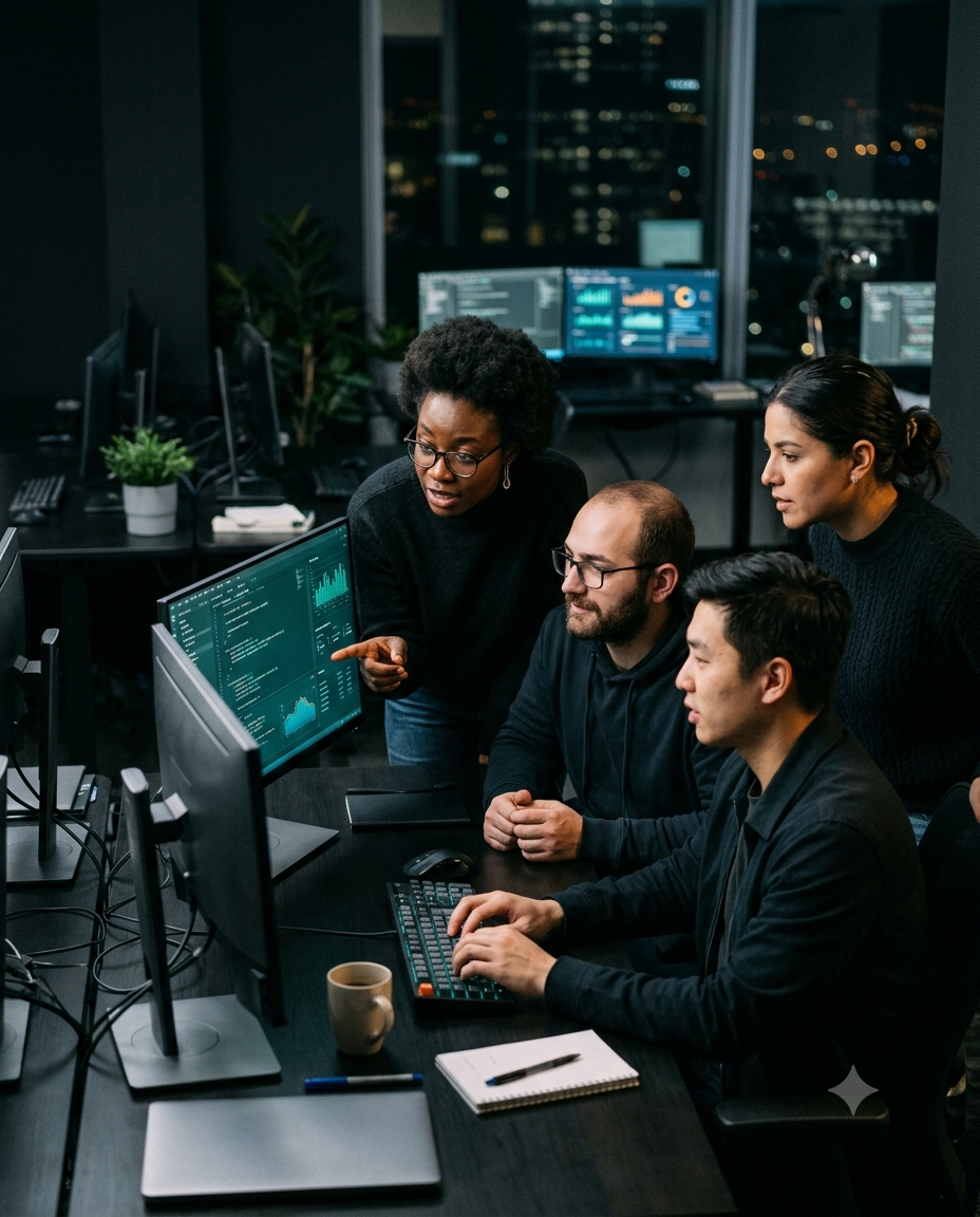 Equipe técnica da SignalCore trabalhando em projetos de tecnologia
